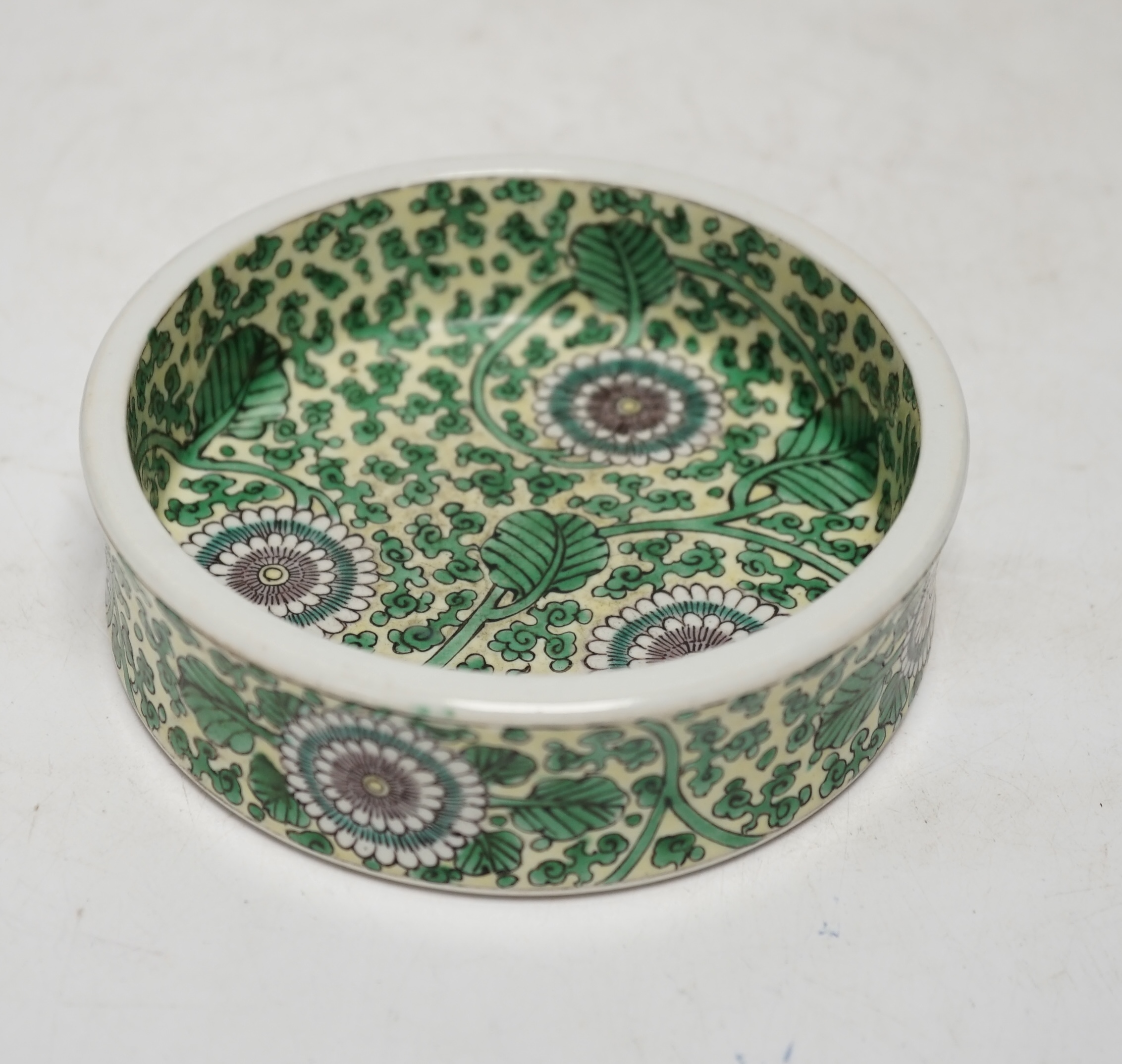 A Chinese famille verte yellow glazed brush washer, Kangxi mark, 19th century, 12.5cm. Condition - good